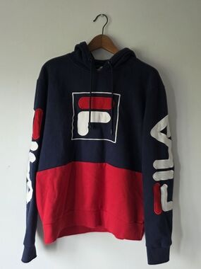 Vintage Fila Men's Navy and Red Colorblock Hoodie with Bold Logo